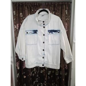 Cabi Drew Oversized Acid Washed High Nexk Denim Jacket Small